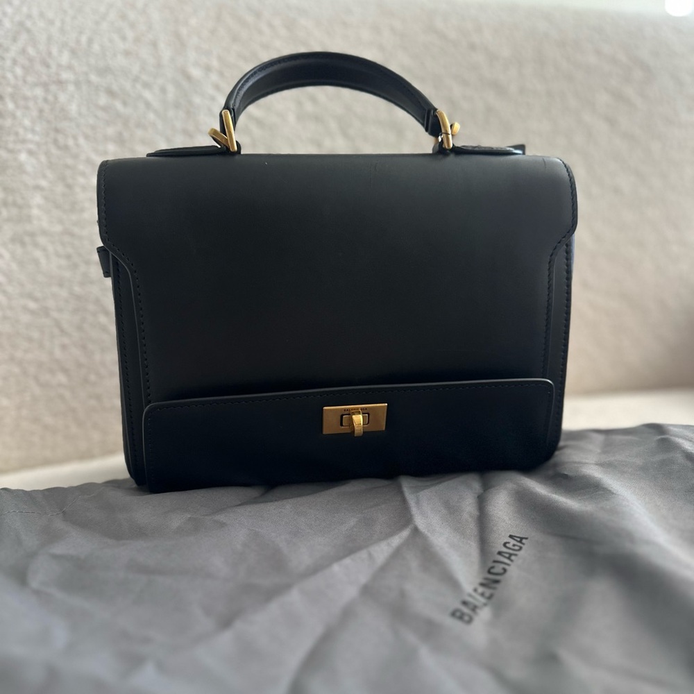 Balenciaga Black Leather Money Bag with Gold Hardware